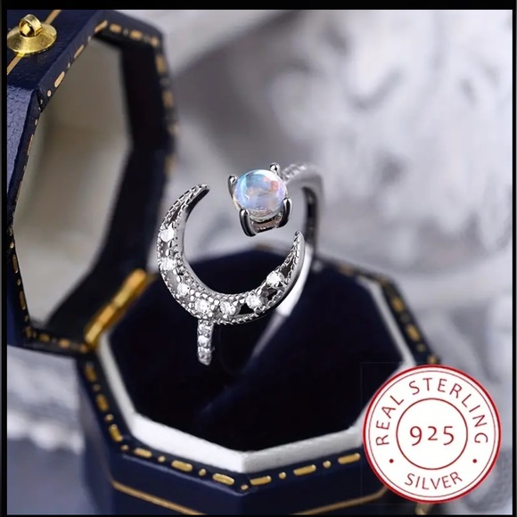 🌙Sterling Silver Adjustable Diamond MoonStone Half Moon Ring